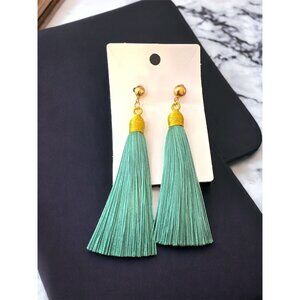 Gold Post Stud Teal Blue TASSEL Dangle Drop Earrings